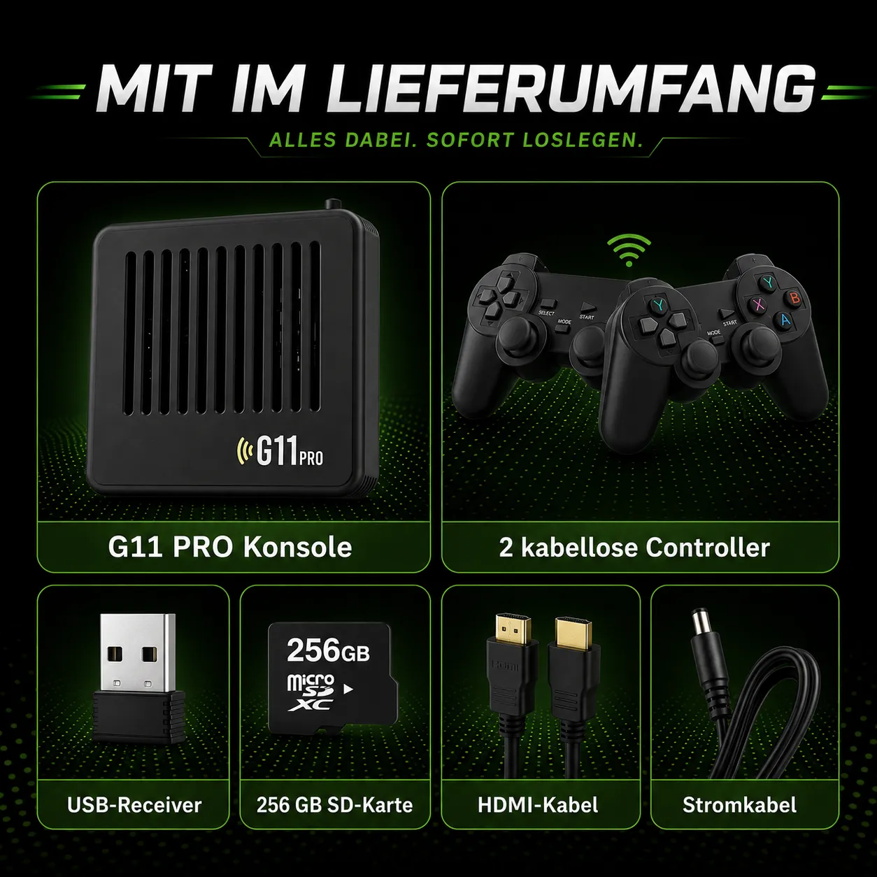 PixelPlay G11 Pro Lieferumfang: Konsole, 2 kabellose Controller, USB-Receiver, 256-GB-SD-Karte, HDMI- und Stromkabel